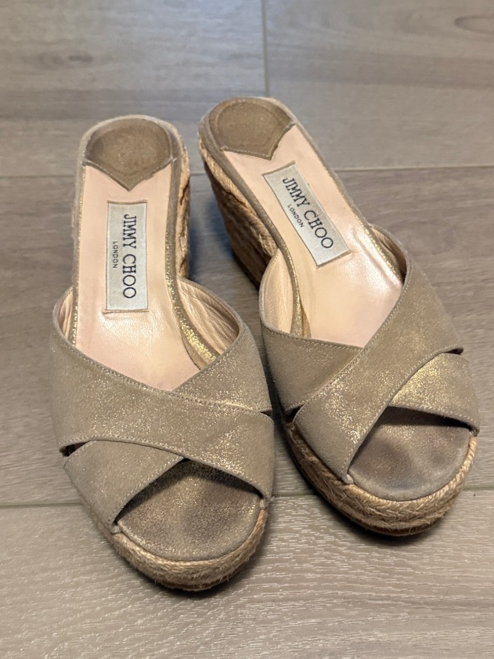 Jimmy Choo Metallic Taupe Espadrille Wedge Sandals EU 38. US 7.5-8